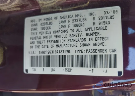 2009 Honda Accord 2.4 Lx z USA, uszkodzony, nr VIN 1HGCP26319A187120